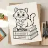 Line Drawing Of A Kitten Wearing A Bow Tie Sitting On A Stack Of Books Labeled Adventure, Mystery, And Dreams.