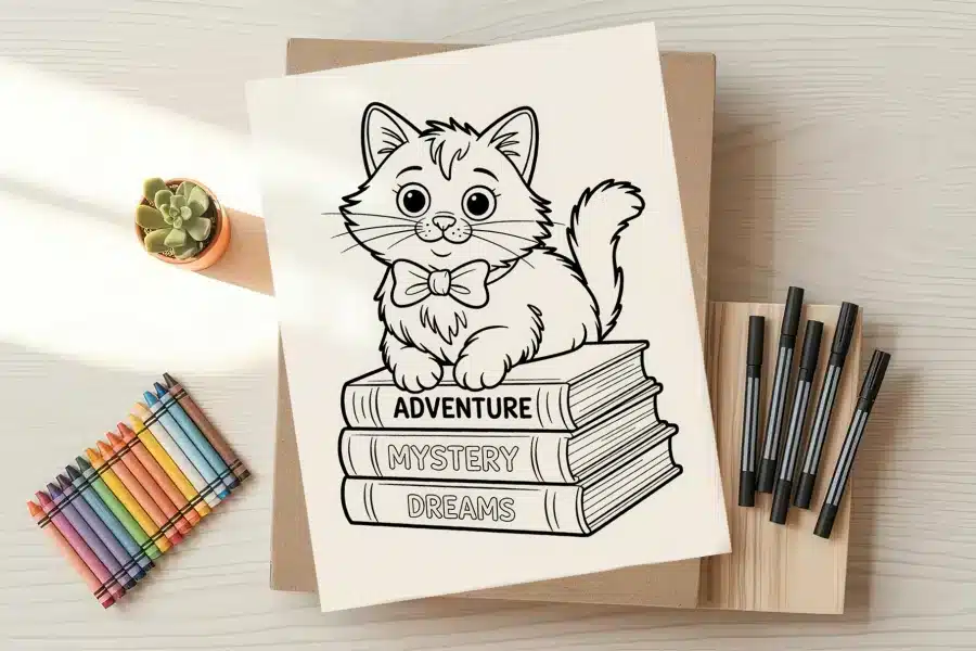 Line drawing of a kitten wearing a bow tie sitting on a stack of books labeled Adventure, Mystery, and Dreams.