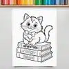 Line Drawing Of A Kitten Wearing A Bow Tie Sitting On A Stack Of Books Labeled Adventure, Mystery, And Dreams.