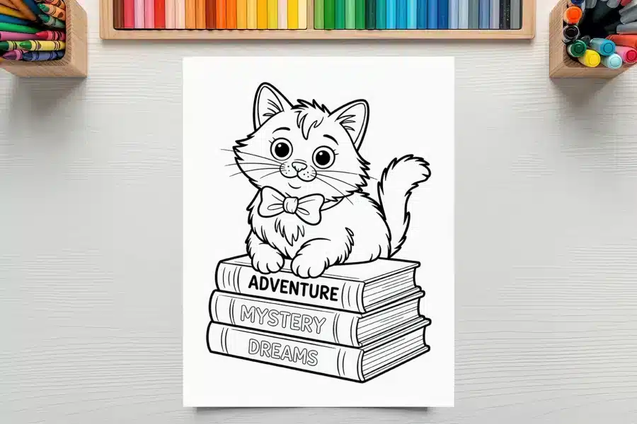 Line Drawing Of A Kitten Wearing A Bow Tie Sitting On A Stack Of Books Labeled Adventure, Mystery, And Dreams.