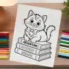 A Coloring Page Featuring A Kitten Wearing A Bow Tie And Sitting On A Stack Of Books Titled Adventure, Mystery, And Dreams.