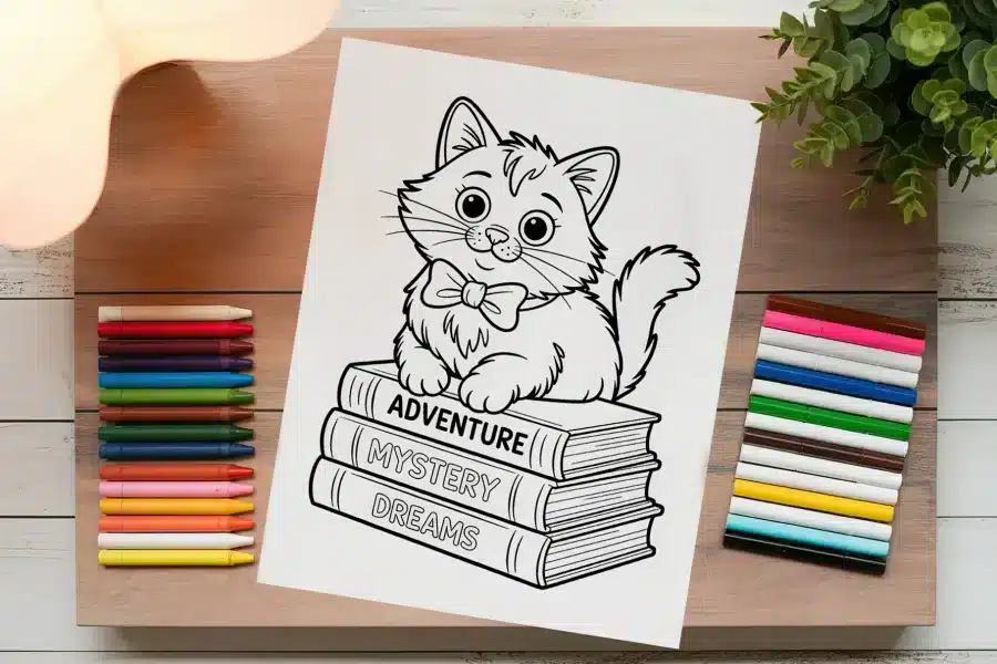 A Coloring Page Featuring A Kitten Wearing A Bow Tie And Sitting On A Stack Of Books Titled Adventure, Mystery, And Dreams.