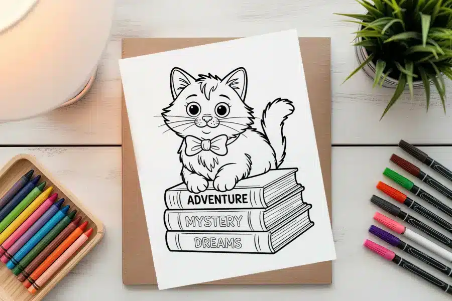 A Cute Kitten Wearing A Bow Tie Sits On Top Of A Stack Of Books Titled Adventure, Mystery, And Dreams.