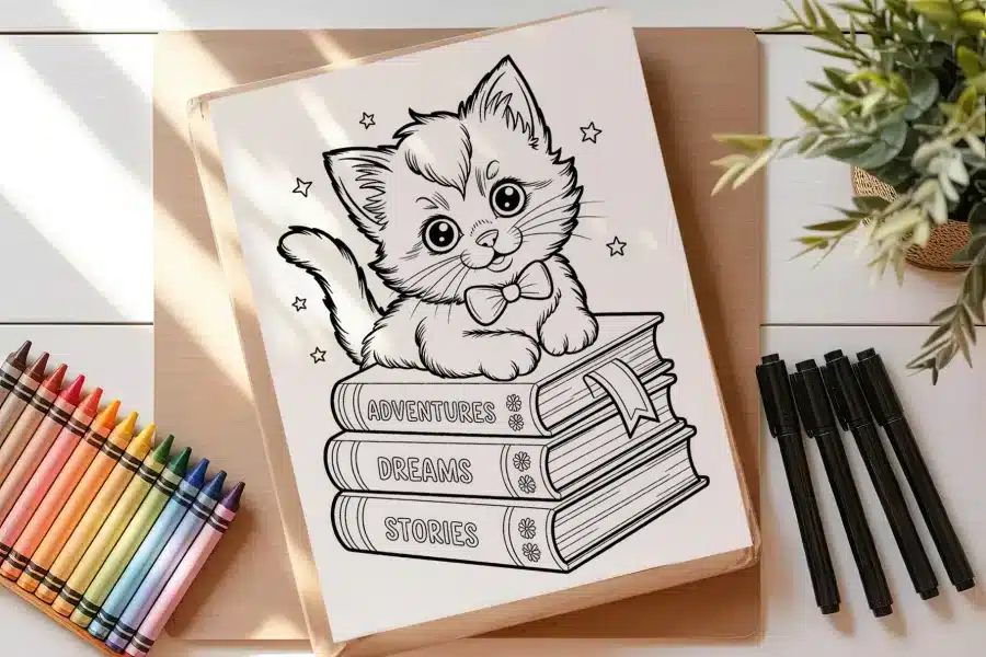 Line Drawing Of A Kitten Wearing A Bow Tie Sitting On A Stack Of Books Labeled Adventures, Dreams, And Stories.
