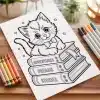 Coloring Page Of A Kitten Wearing A Bow Tie Sitting On A Stack Of Books.