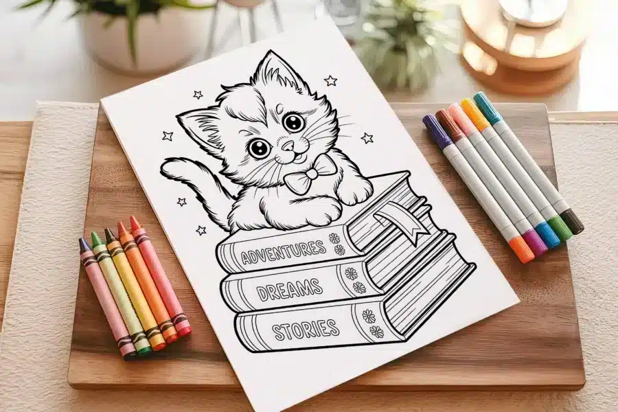 Coloring Page Of A Kitten Wearing A Bow Tie Sitting On A Stack Of Books.
