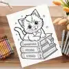 Line Drawing Of A Cute Kitten Wearing A Bow Tie Sitting On A Stack Of Books Labeled Adventures, Dreams, And Stories.