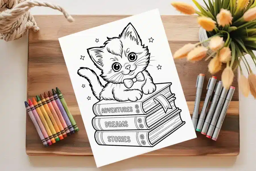 Line Drawing Of A Cute Kitten Wearing A Bow Tie Sitting On A Stack Of Books Labeled Adventures, Dreams, And Stories.