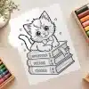 Kitten On Book Stack Coloring Page - Free Printable Aesthetic Coloring Sheet Of A Kitten Sitting On Books
