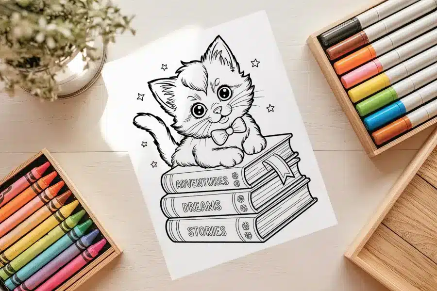Kitten On Book Stack Coloring Page - Free Printable Aesthetic Coloring Sheet Of A Kitten Sitting On Books