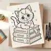 Line Drawing Of A Kitten Wearing A Bow Tie Sitting On A Stack Of Books Labeled Adventures, Dreams, And Stories.