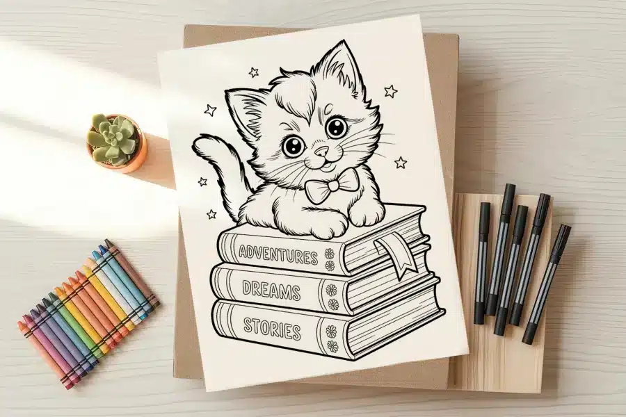 Line Drawing Of A Kitten Wearing A Bow Tie Sitting On A Stack Of Books Labeled Adventures, Dreams, And Stories.