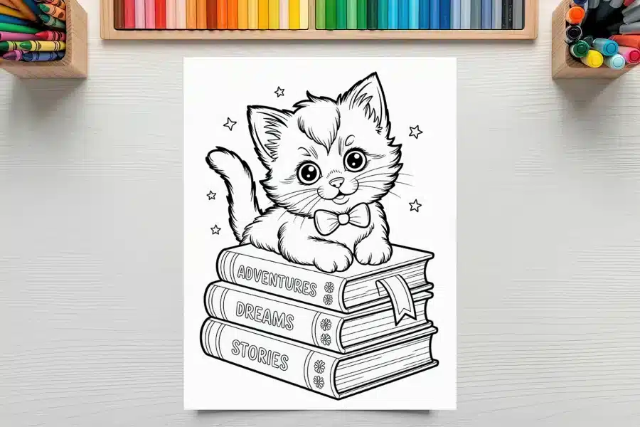 Line Drawing Of A Cute Kitten Wearing A Bow Tie Sitting On A Stack Of Books Titled Adventures, Dreams, And Stories.