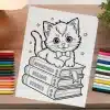 Line Drawing Of A Cute Kitten Wearing A Bow Tie Sitting On A Stack Of Books.