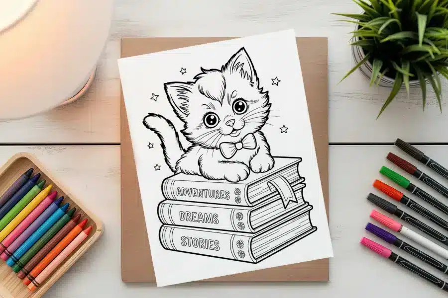 A Cute Kitten Wearing A Bow Tie Sits On Top Of A Stack Of Books That Say Adventures, Dreams, And Stories.