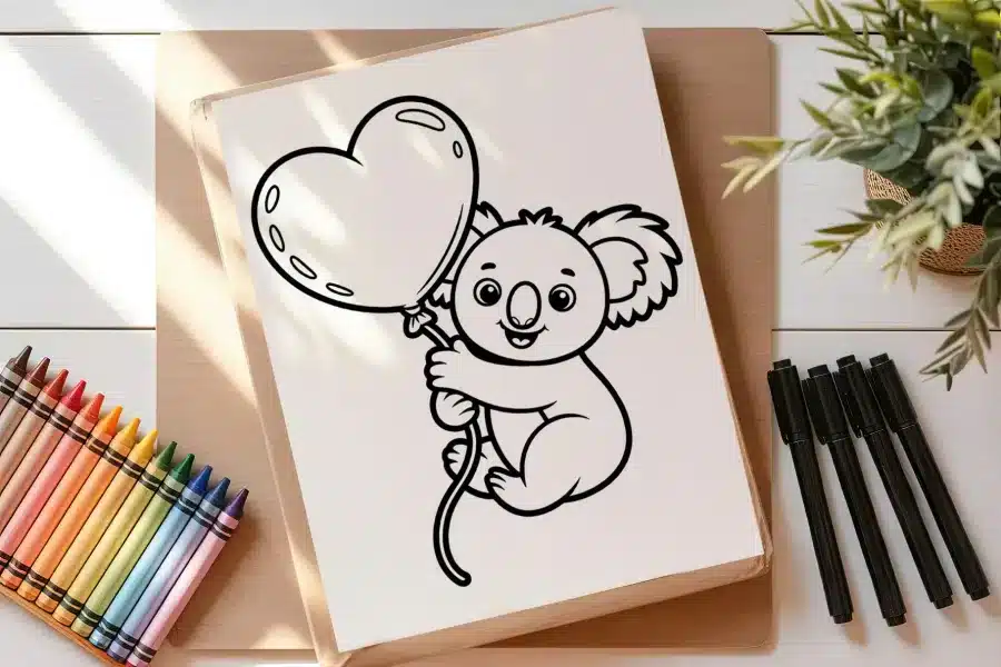 Koala Holding Heart-Shaped Balloon Coloring Page.