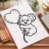 Line Drawing Of A Koala Holding A Heart-Shaped Balloon.