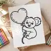 Line Drawing Of A Koala Holding A Heart-Shaped Balloon.
