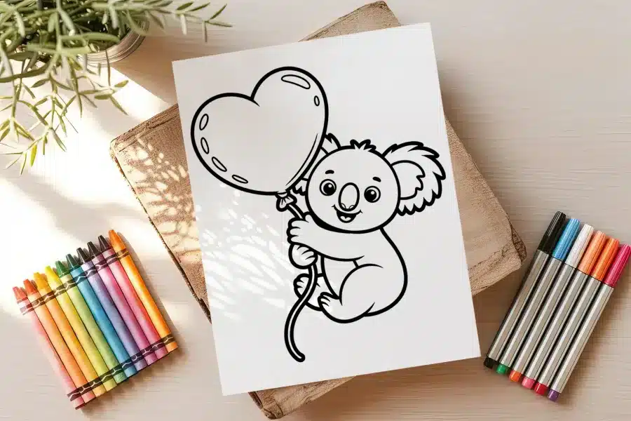 Line Drawing Of A Koala Holding A Heart-Shaped Balloon.