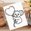 Line Drawing Of A Koala Holding A Heart-Shaped Balloon.