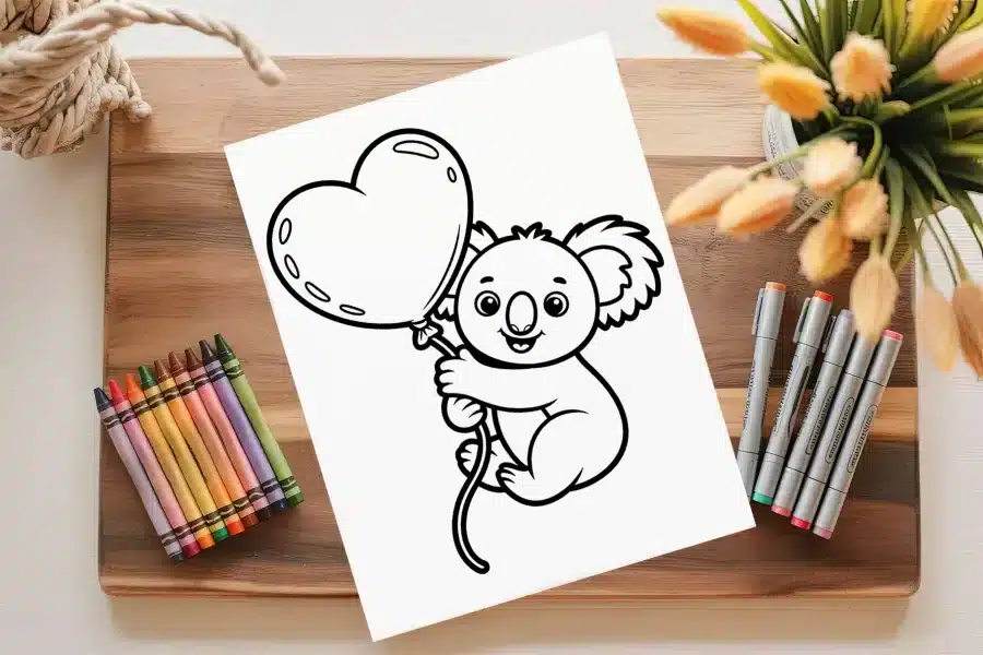 Line Drawing Of A Koala Holding A Heart-Shaped Balloon.