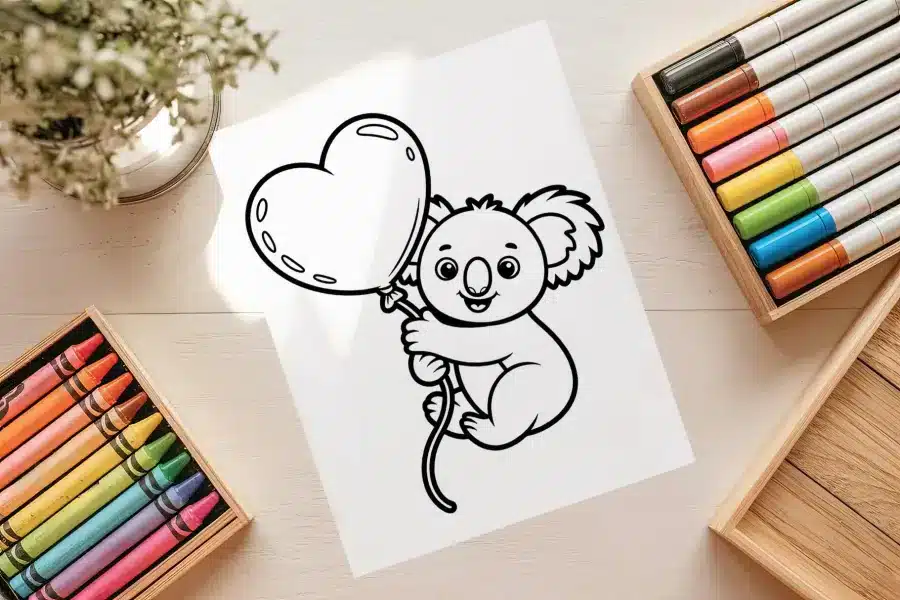 Cute Koala Heart Balloon Coloring Page - free printable aesthetic coloring sheet of a koala holding a heart balloon