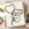 Line Drawing Of A Koala Holding A Heart-Shaped Balloon.