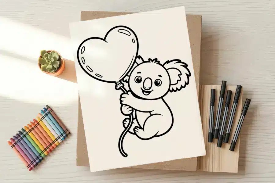 Line drawing of a koala holding a heart-shaped balloon.