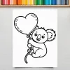 Line Drawing Of A Koala Holding A Heart-Shaped Balloon.