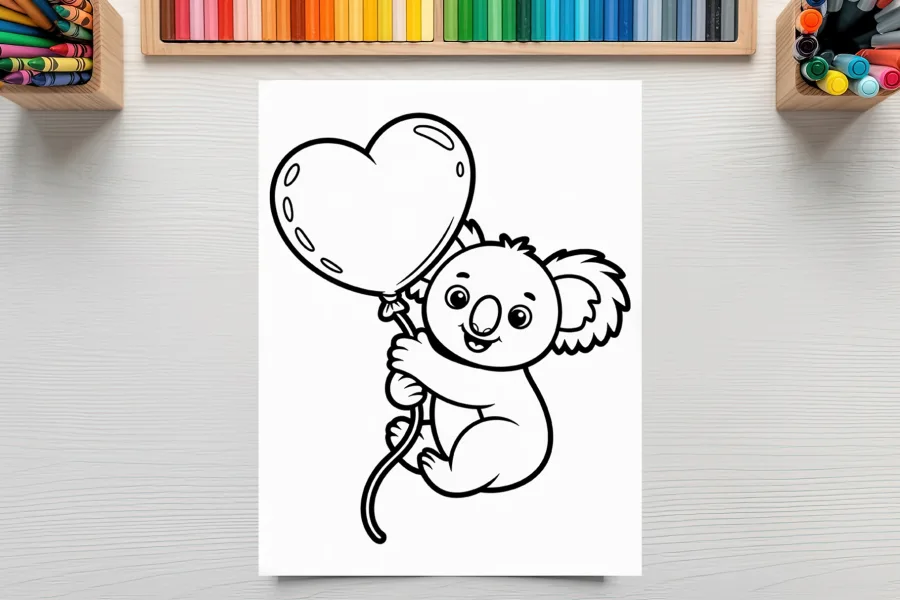 Line Drawing Of A Koala Holding A Heart-Shaped Balloon.