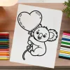 Line Drawing Of A Koala Holding A Heart-Shaped Balloon.