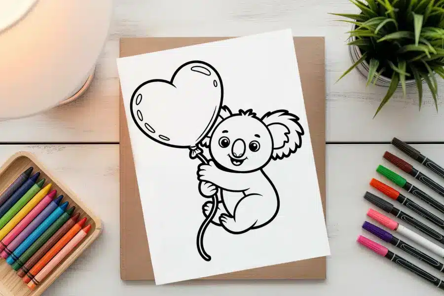 Line Drawing Of A Koala Holding A Heart-Shaped Balloon.