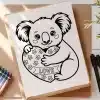 Line Drawing Of A Koala Bear Holding A Heart-Shaped Object With The Word Love On It.