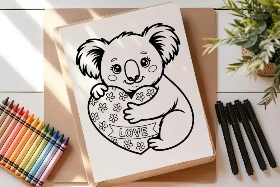 Line Drawing Of A Koala Bear Holding A Heart-Shaped Object With The Word Love On It.