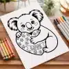 A Coloring Page Featuring A Koala Hugging A Heart That Says Love.