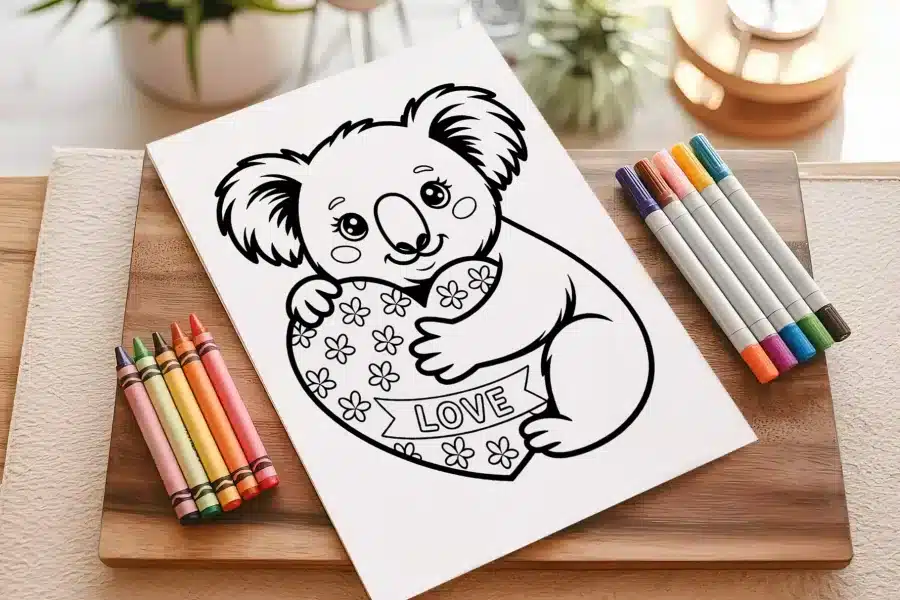 A Coloring Page Featuring A Koala Hugging A Heart That Says Love.