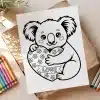 Line Drawing Of A Koala Hugging A Heart-Shaped Object With The Word Love On It.