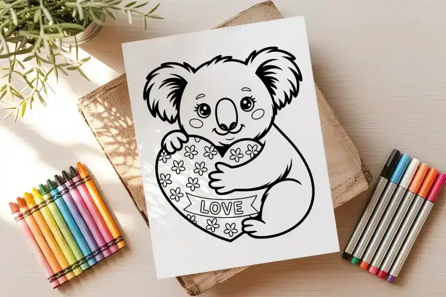 Line Drawing Of A Koala Hugging A Heart-Shaped Object With The Word Love On It.