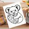 A Coloring Page Featuring A Koala Bear Hugging A Heart That Says Love.