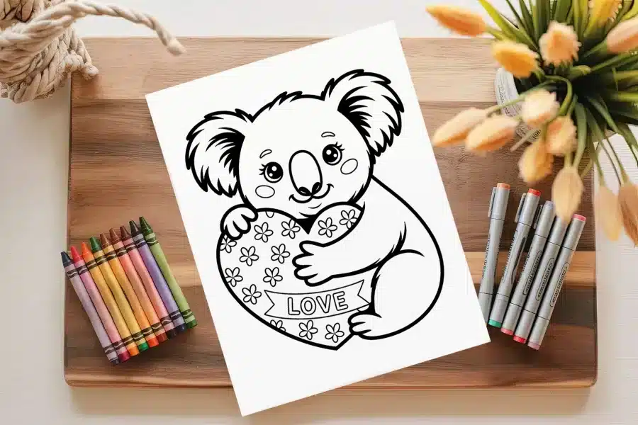 A Coloring Page Featuring A Koala Bear Hugging A Heart That Says Love.
