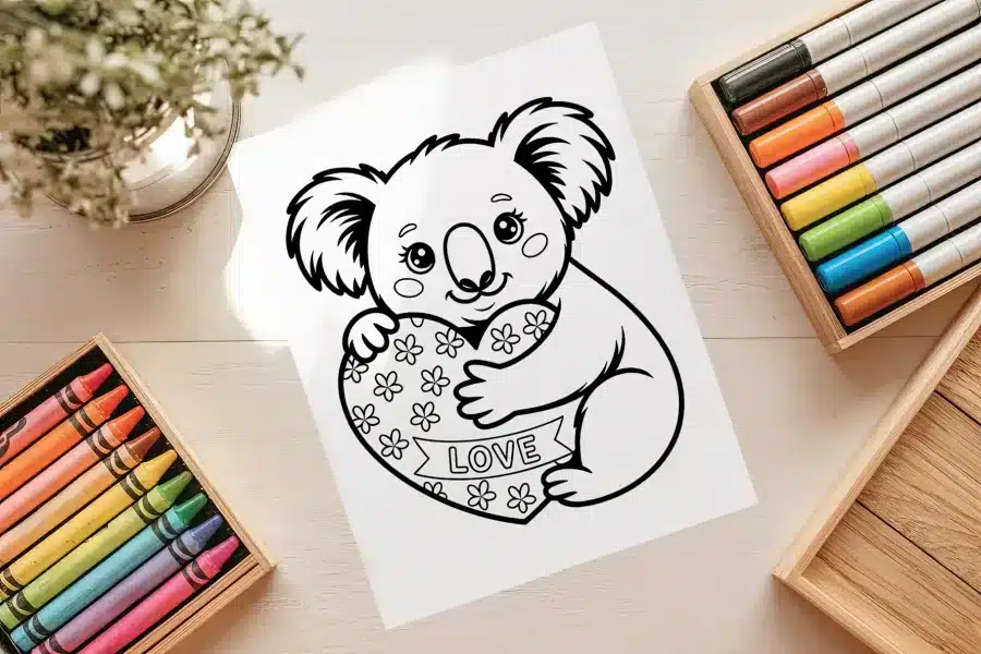 Free Koala Coloring Page - printable with floral heart and LOVE text