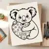 Line Drawing Of A Koala Hugging A Heart-Shaped Object With The Word Love On It.