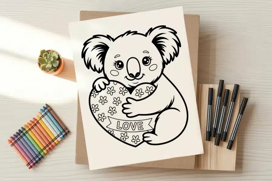 Line drawing of a koala hugging a heart-shaped object with the word love on it.
