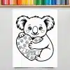 Line Drawing Of A Koala Hugging A Heart-Shaped Object With The Word Love On It.