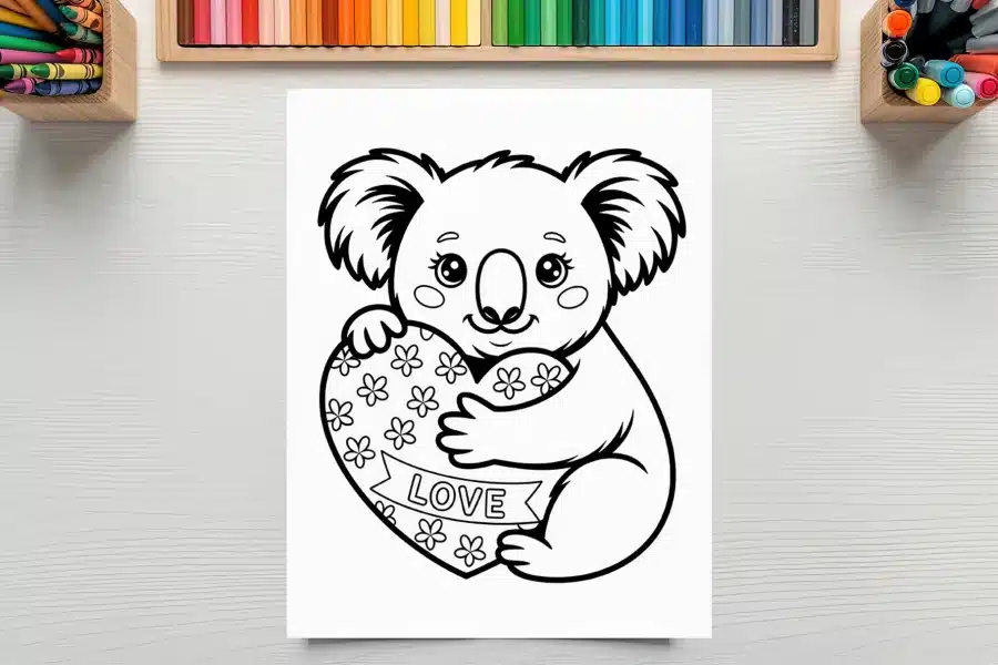 Line Drawing Of A Koala Hugging A Heart-Shaped Object With The Word Love On It.