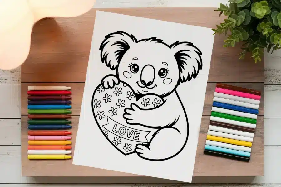 Koala Coloring Page Hugging A Heart That Says Love.