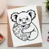 Line Drawing Of A Koala Hugging A Heart-Shaped Object With The Word Love On It.