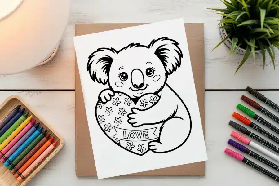 Line Drawing Of A Koala Hugging A Heart-Shaped Object With The Word Love On It.