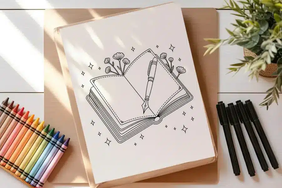Line Drawing Of An Open Book With A Fountain Pen Resting On The Pages, Adorned With Small Flowers And Sparkling Details.