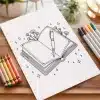 A Coloring Page Depicting An Open Book With A Fountain Pen And Flowers.